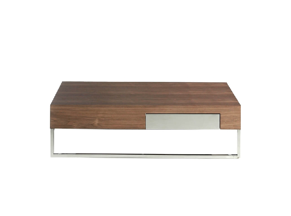 Walnut wood and chrome steel coffee table with drawer