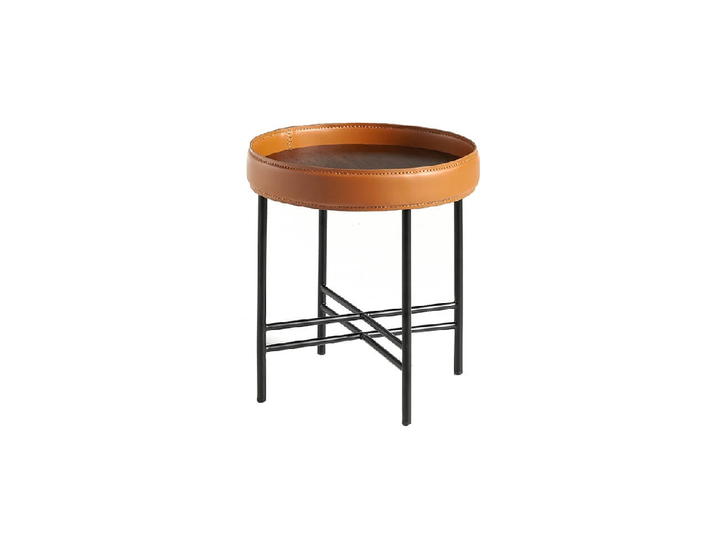 Округлый угловой столик из дерева орехового цвета и черной стали, с кожаной обивкой