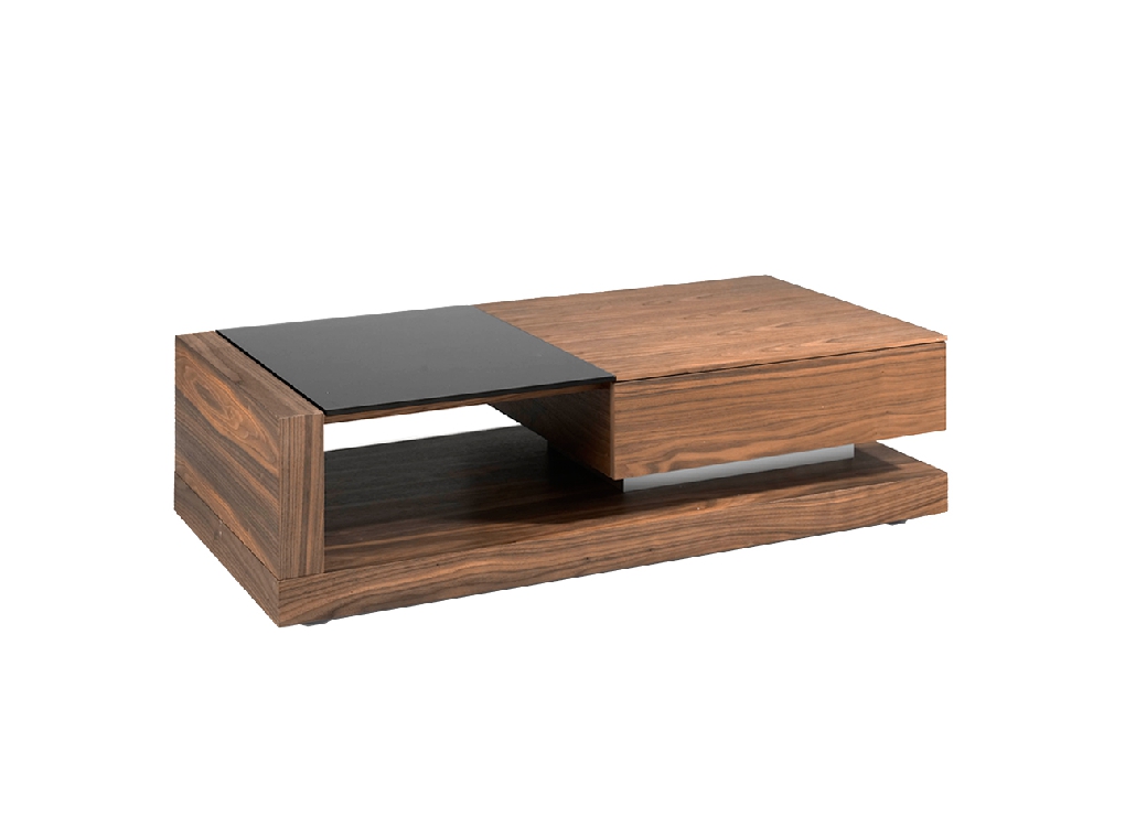 Table basse en bois de noyer et vitrail noir avec tiroir