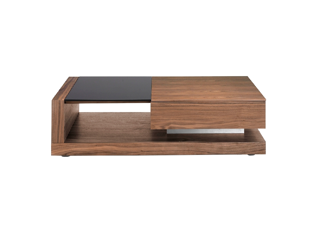 Table basse en bois de noyer et vitrail noir avec tiroir