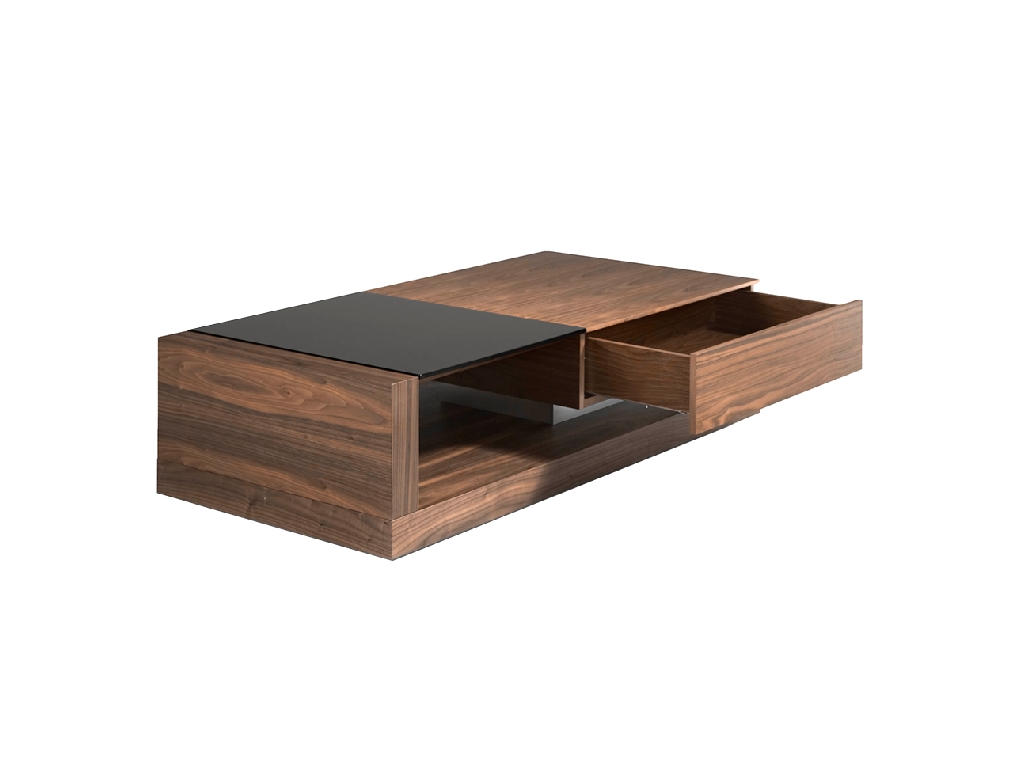 Table basse en bois de noyer et vitrail noir avec tiroir
