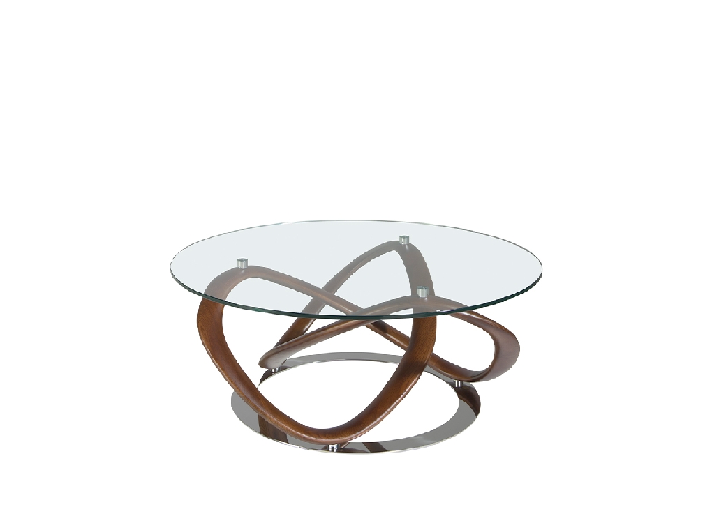 Round coffee table in tempered glass and walnut solid wood