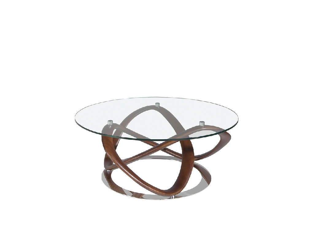 Round coffee table in tempered glass and walnut solid wood