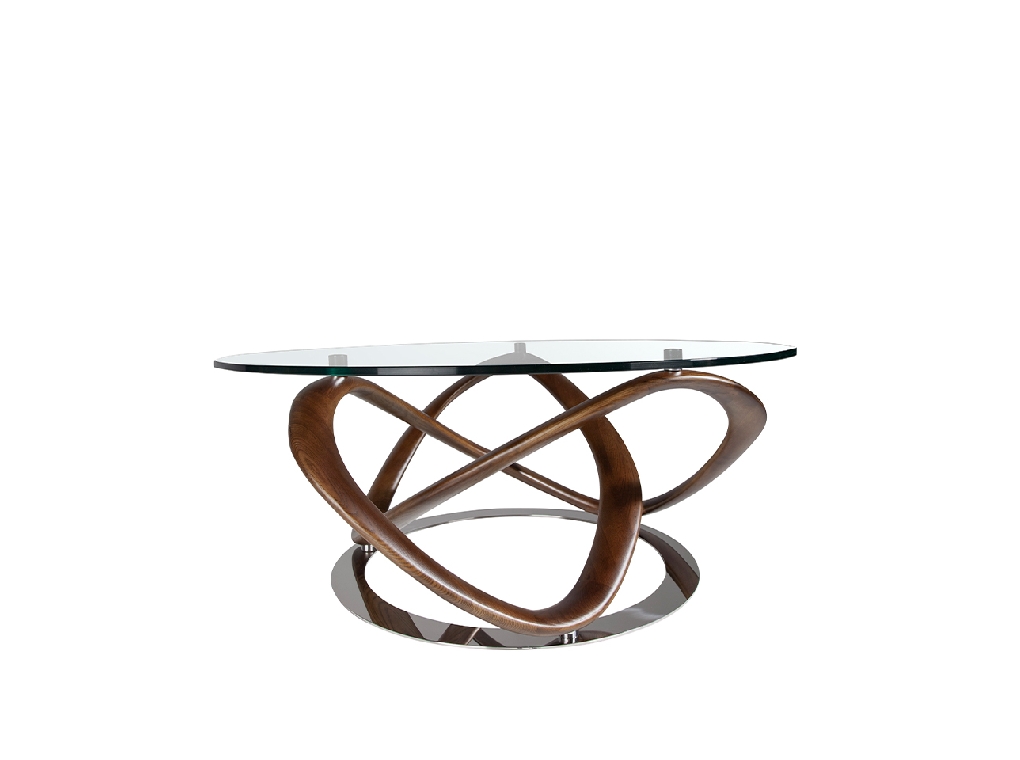 Round coffee table in tempered glass and walnut solid wood