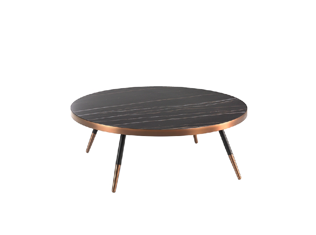 Porcelain black marble and steel round coffee table with bronze-colored chrome bath. Porcelain black marble and steel round coffee table with bronze-colored chrome bath.