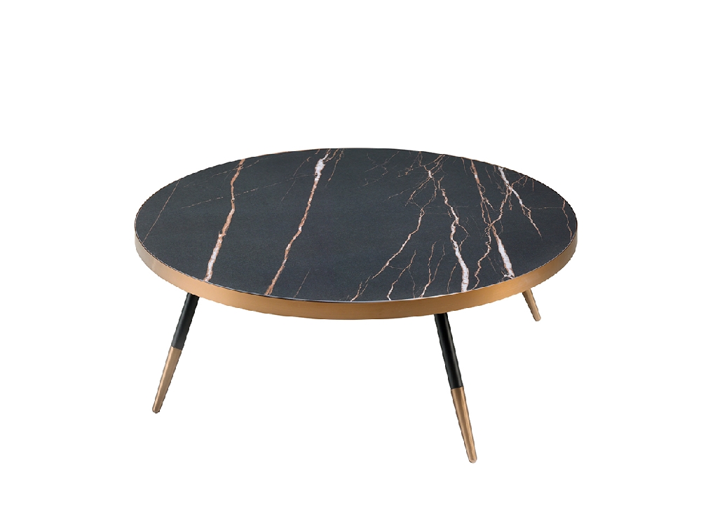 Table basse ronde en marbre noir en porcelaine et acier avec baignoire chromée couleur bronze.