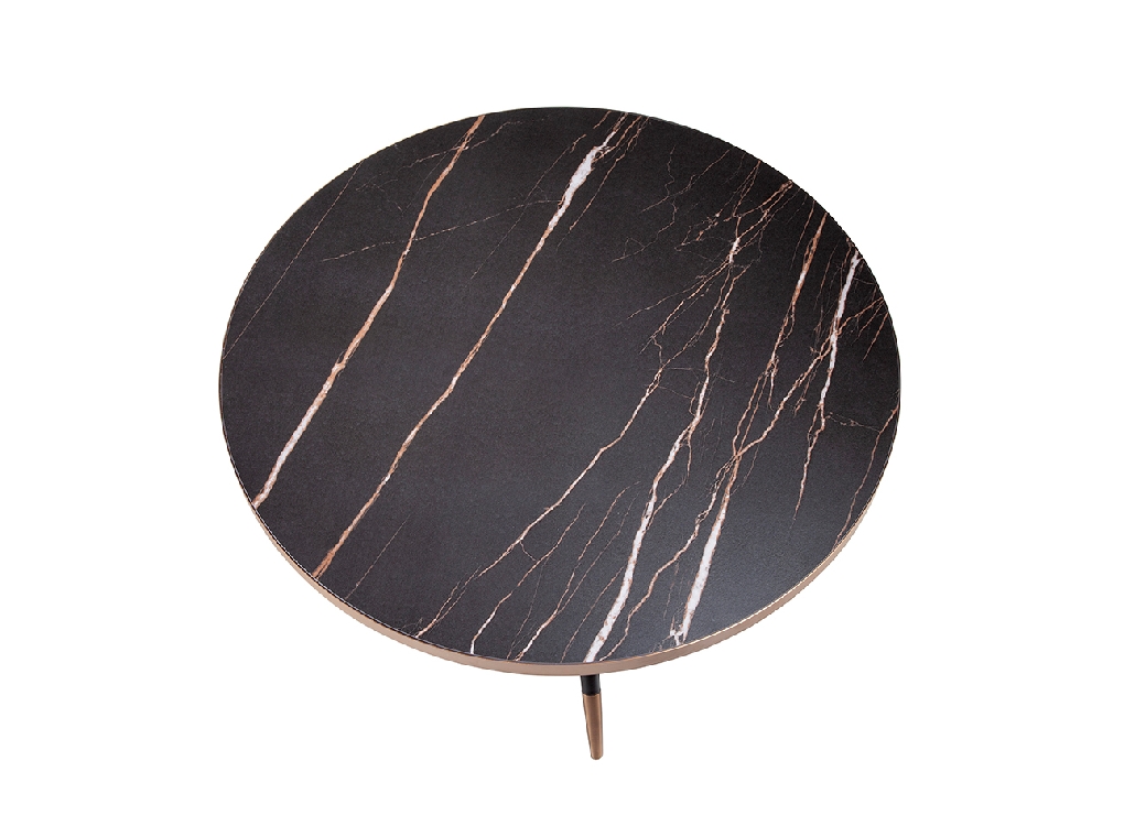 Mesa centro redonda mármol negro porcelánico y acero con baño de cromo color bronce.