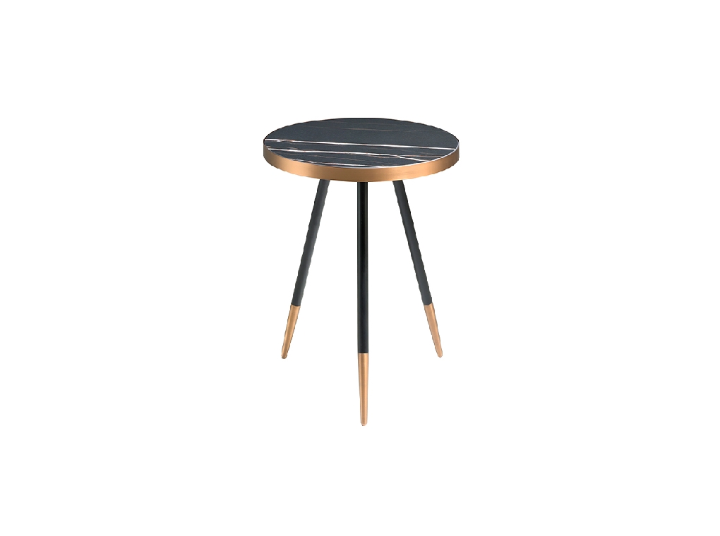 Round corner table in black porcelain marble and steel with a bronze-colored chrome bath.