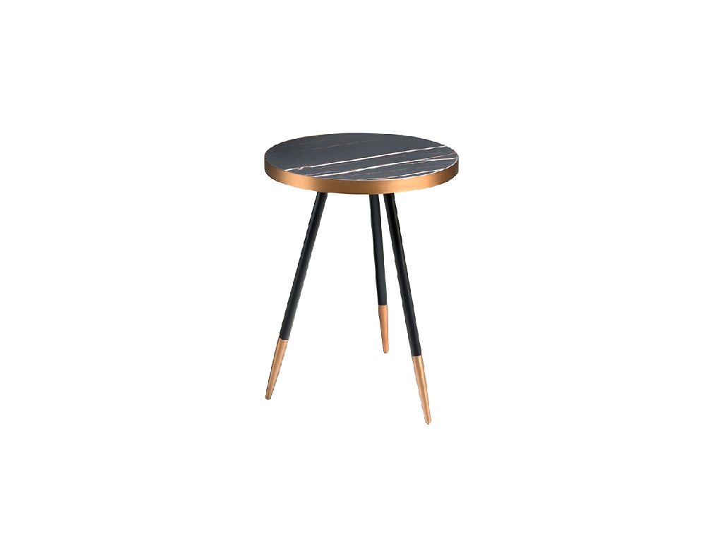 Round corner table in black porcelain marble and steel with a bronze-colored chrome bath.