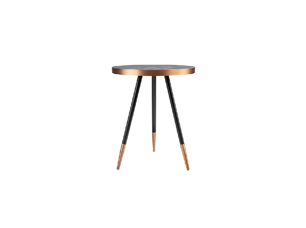 Round corner table in black porcelain marble and steel with a bronze-colored chrome bath.