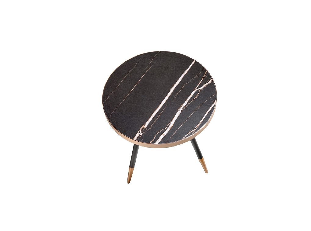 Round corner table in black porcelain marble and steel with a bronze-colored chrome bath.