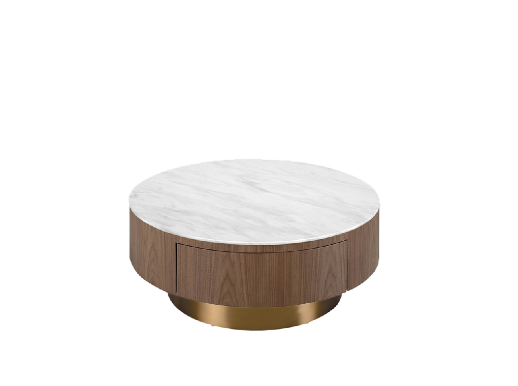 Mesa centro madera nogal, tapa porcelánica blanca y base bronce