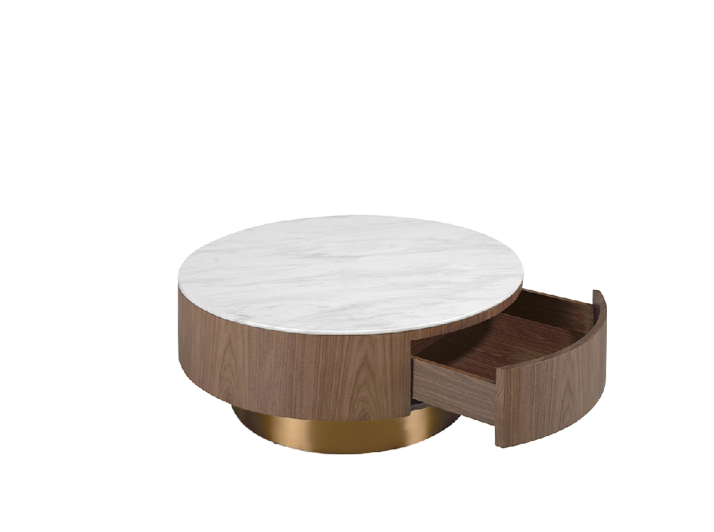 Mesa centro madera nogal, tapa porcelánica blanca y base bronce