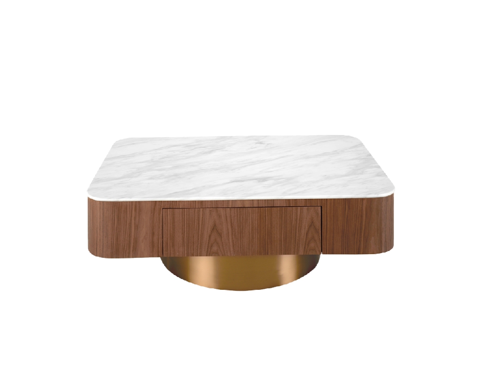 Coffee table walnut wood, white porcelain top and bronze base