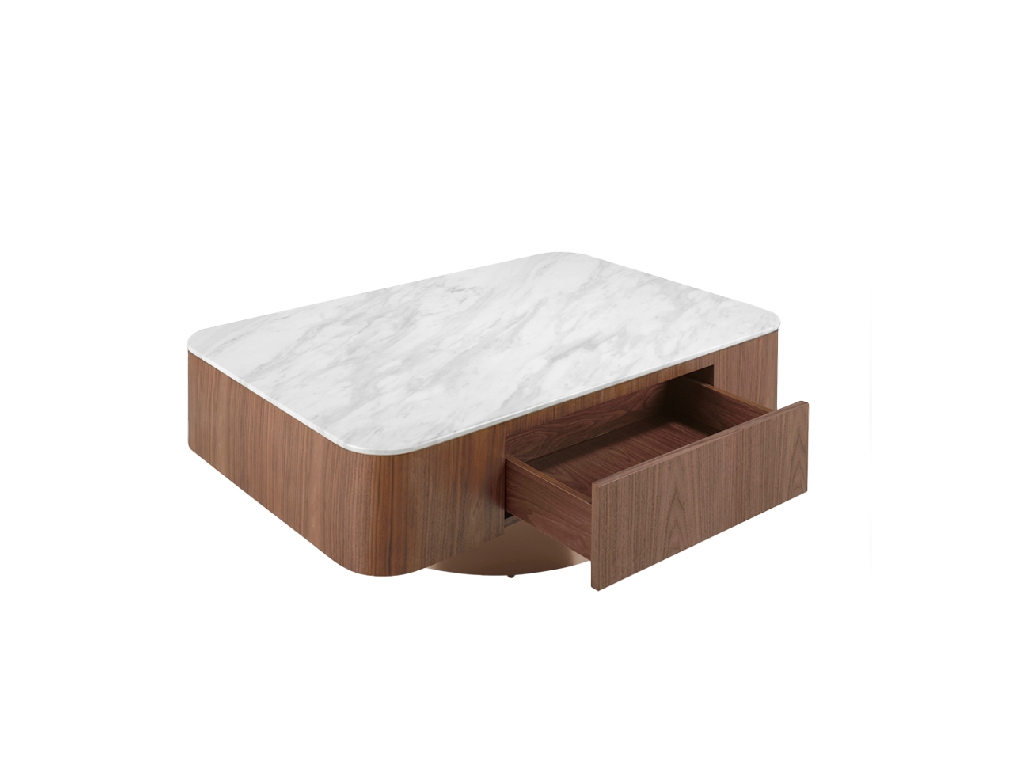Coffee table walnut wood, white porcelain top and bronze base