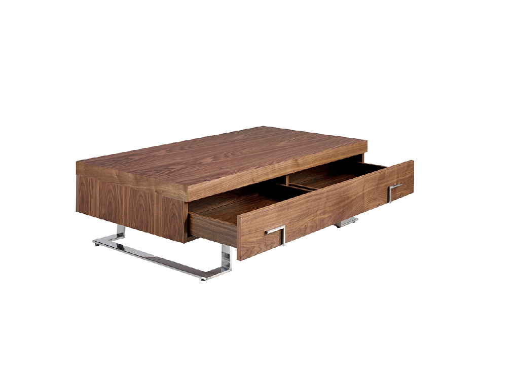 Coffee table in walnut wood and chrome-plated steel