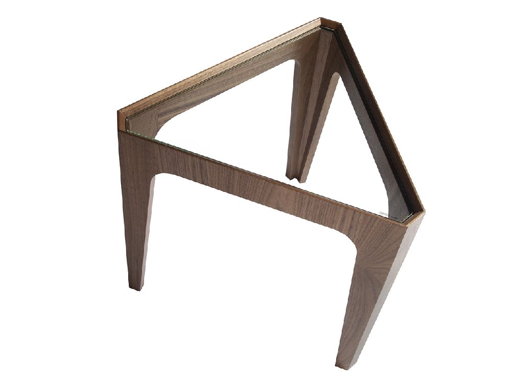 Triangular corner table in tempered glass and Walnut wood