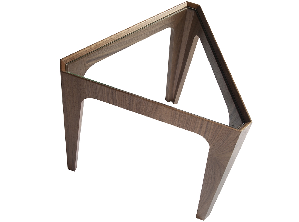 Triangular corner table in tempered glass and Walnut wood