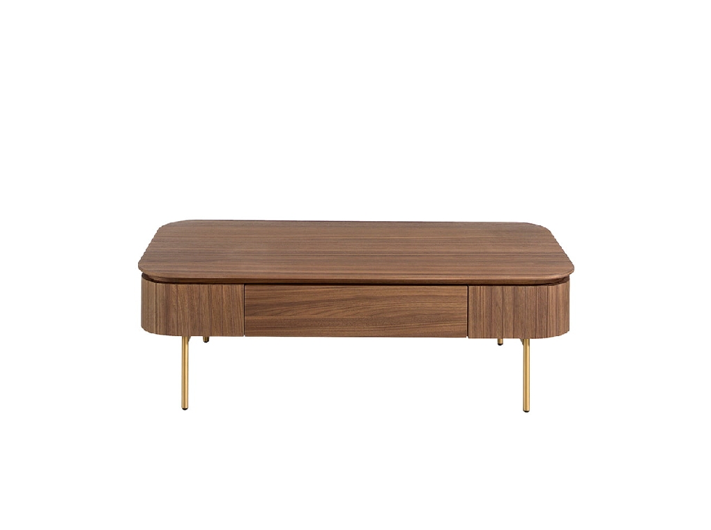 Tavolino in legno di noce e acciaio lucido dorato