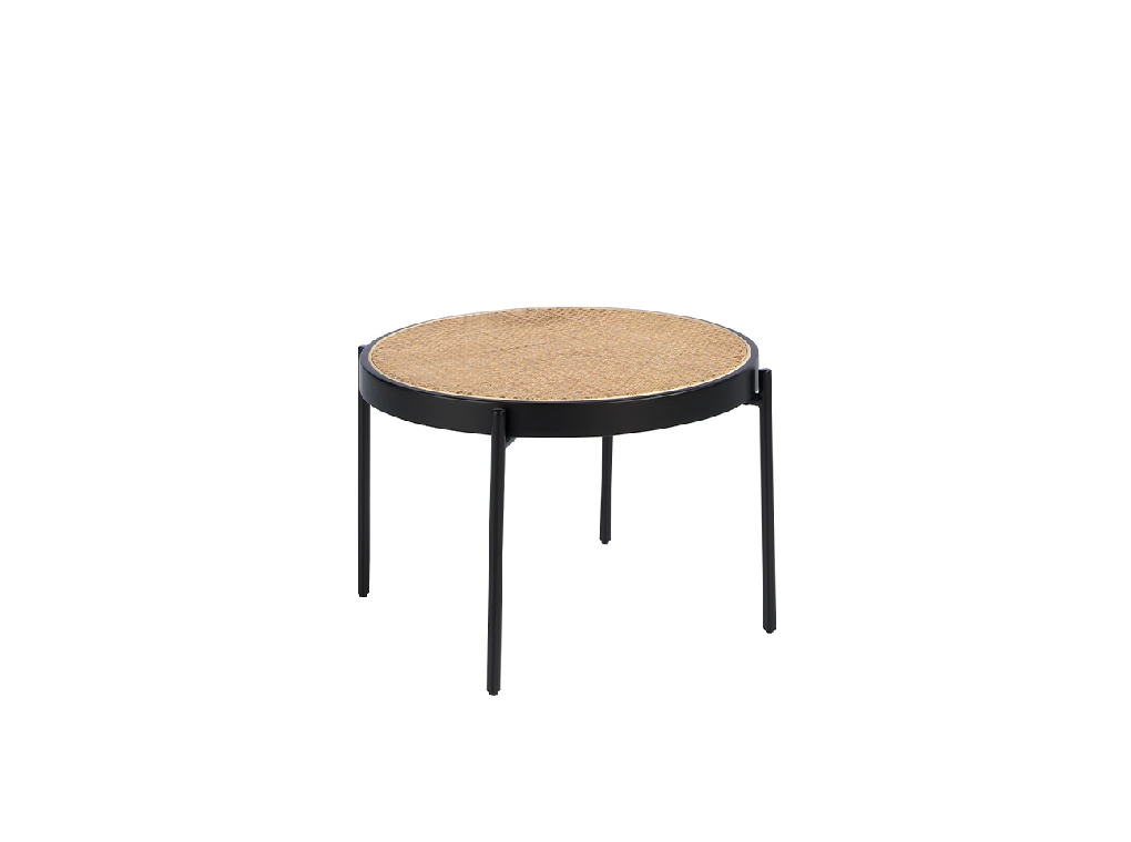 Round coffee table in rattan and black steel