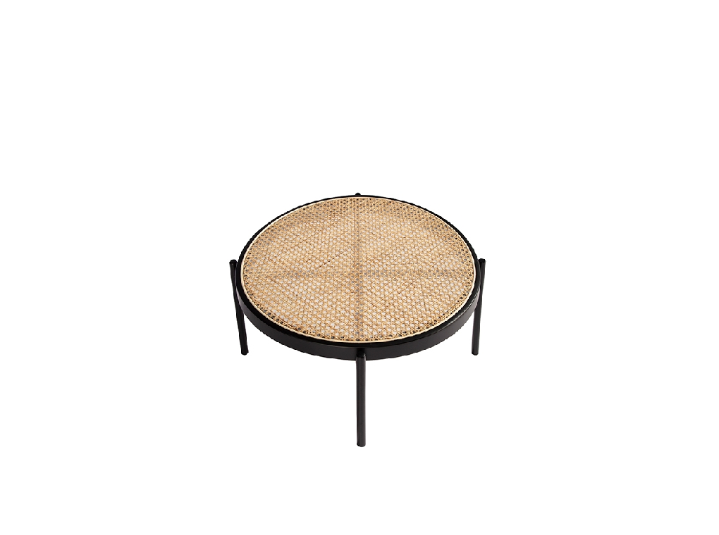 Round coffee table in rattan and black steel