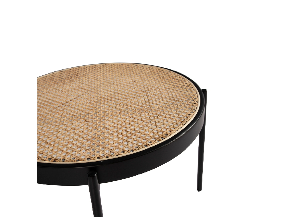 Round coffee table in rattan and black steel