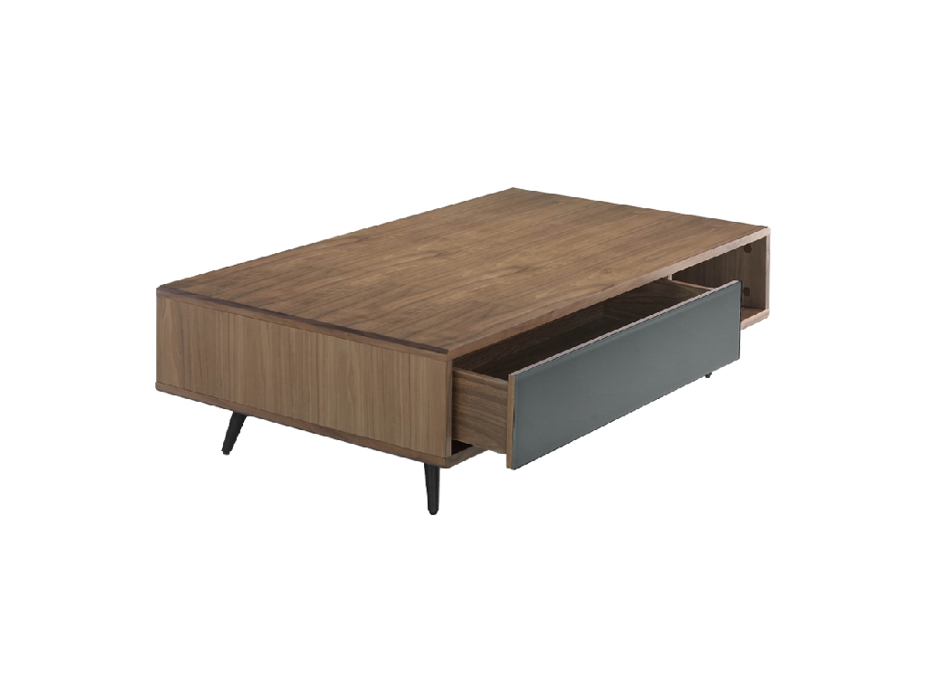 Coffee table in walnut wood and mirror effect black tinted glass