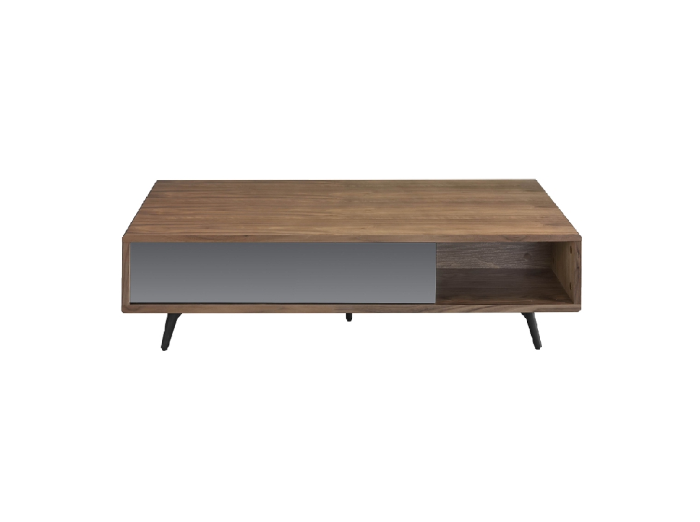 Coffee table in walnut wood and mirror effect black tinted glass