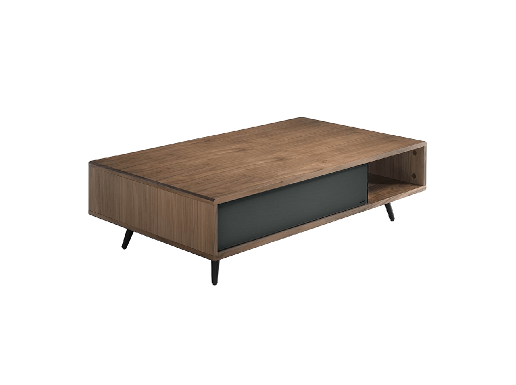 Coffee table in walnut wood and mirror effect black tinted glass