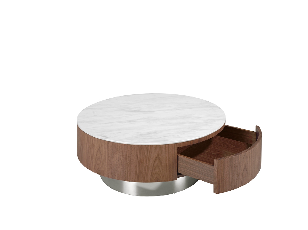 Coffee table walnut wood, white porcelain top and chrome base
