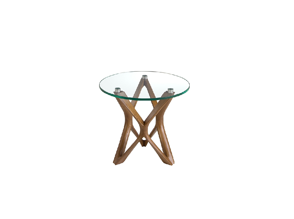 Round tempered glass and walnut corner table