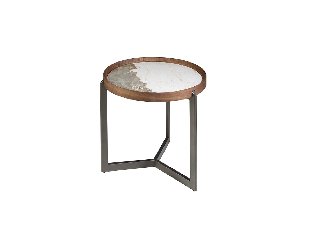 Table basse ronde en marbre porcelaine, noyer et acier métallique foncé