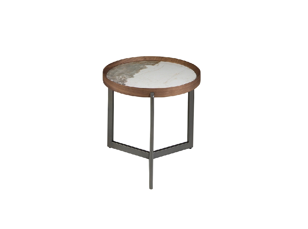 Round coffee table in porcelain marble, walnut and dark metallic steel