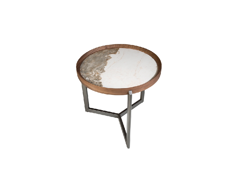 Table basse ronde en marbre porcelaine, noyer et acier métallique foncé