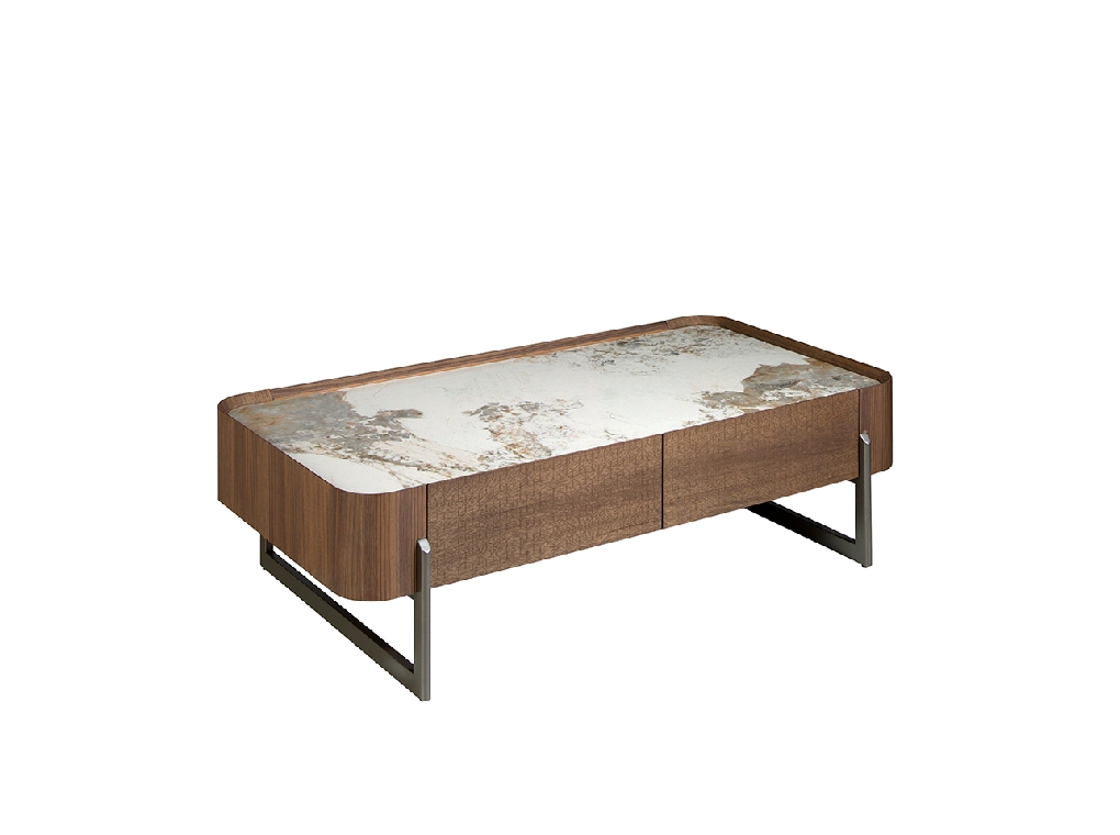 Rectangular coffee table in porcelain marble, walnut and dark metallic steel