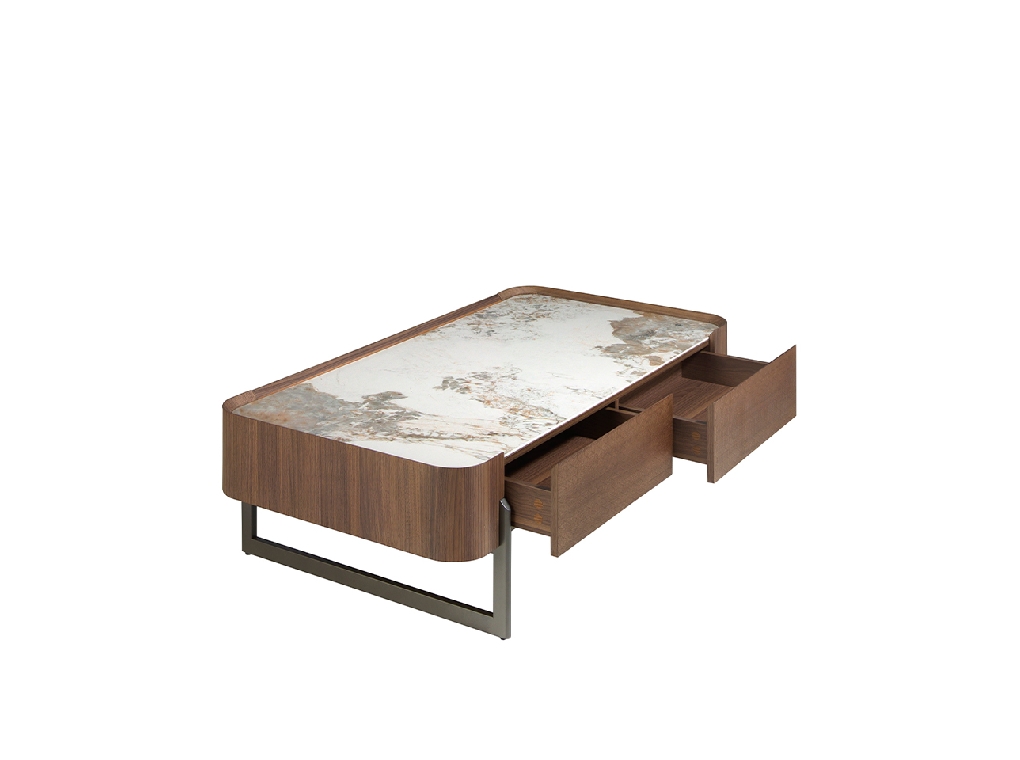 Rectangular coffee table in porcelain marble, walnut and dark metallic steel