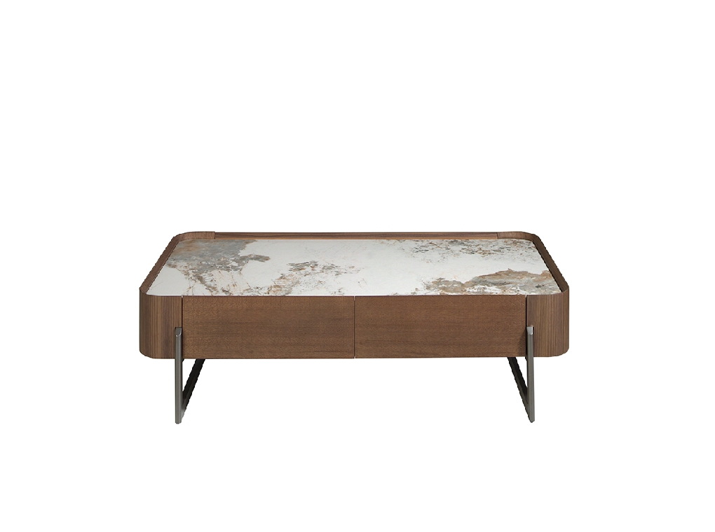 Rectangular coffee table in porcelain marble, walnut and dark metallic steel