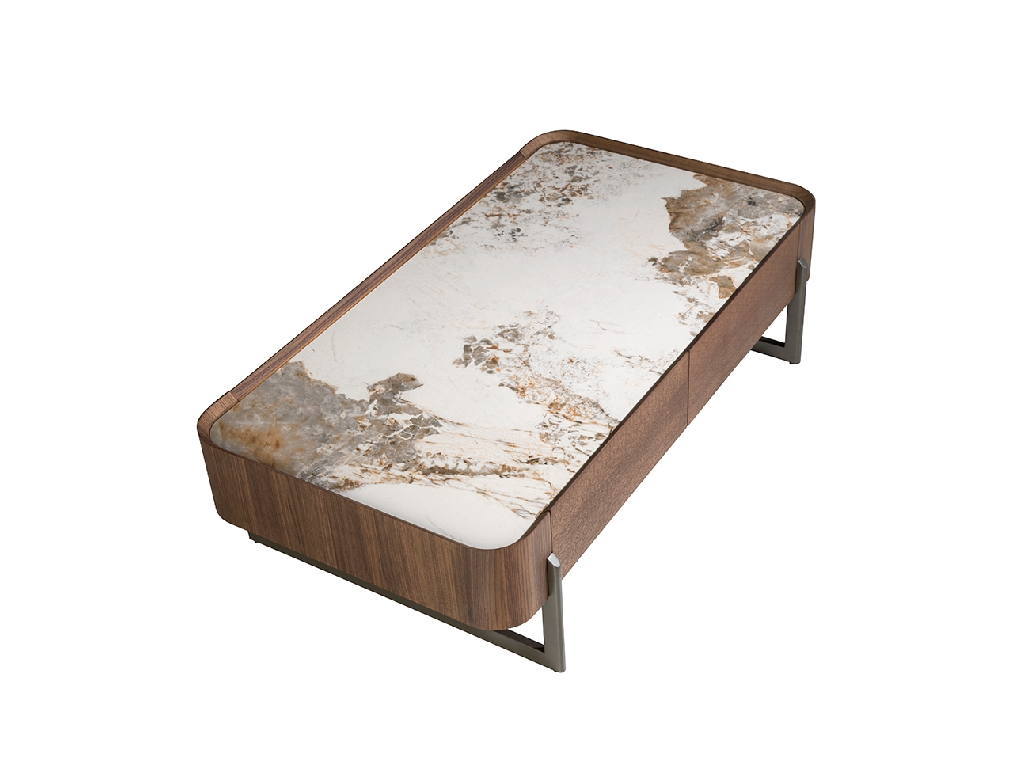 Table basse rectangulaire en marbre de porcelaine, noyer et acier métallique foncé