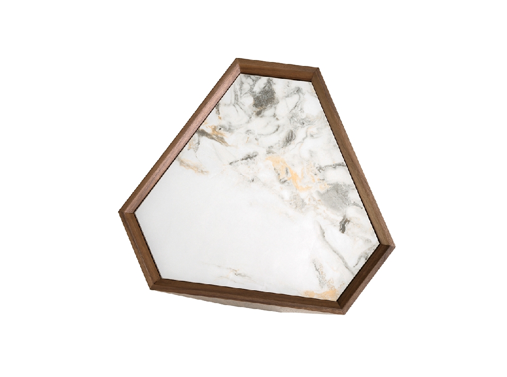 Tavolo angolare triangolare in marmo porcellanato e noce