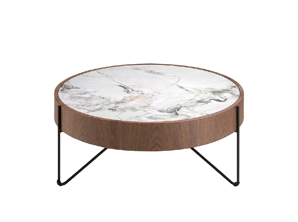 Table basse ronde en marbre porcelaine, noyer et acier noir