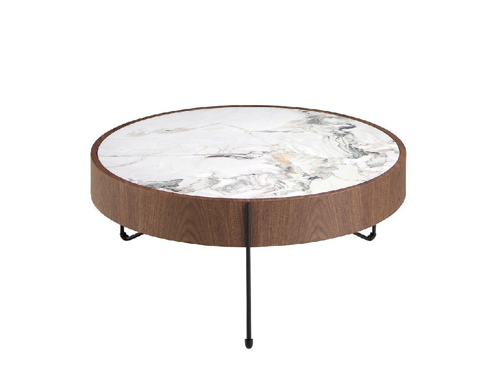 Table basse ronde en marbre porcelaine, noyer et acier noir