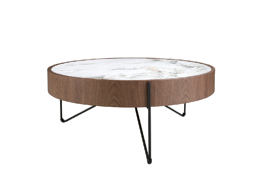 Table basse ronde en marbre porcelaine, noyer et acier noir