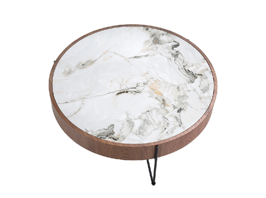 Table basse ronde en marbre porcelaine, noyer et acier noir