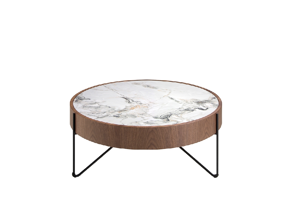 Круглый кофейный столик из фарфорового мрамора, ореха и черной стали