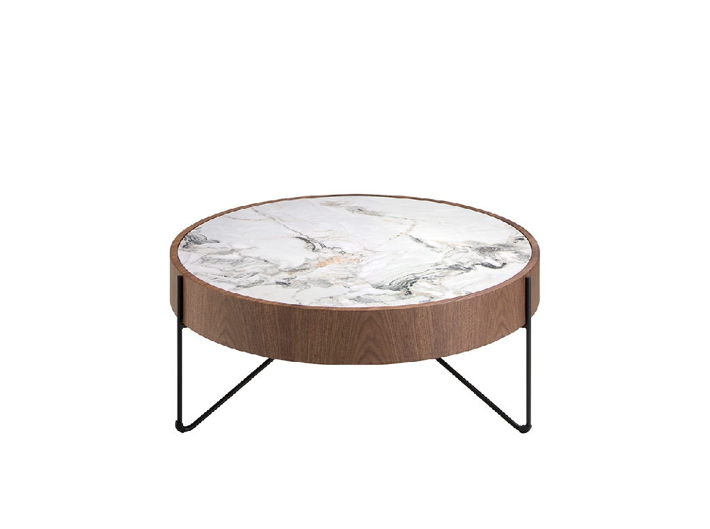 Table basse ronde en marbre porcelaine, noyer et acier noir