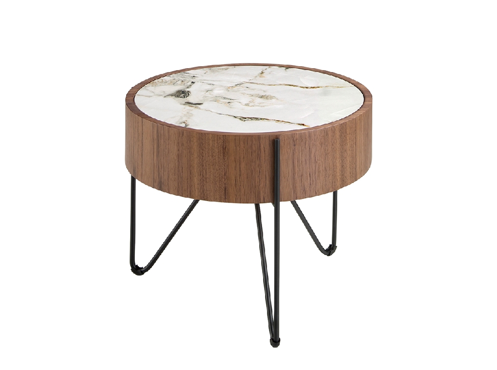 Round corner table in porcelain marble, walnut and black steel