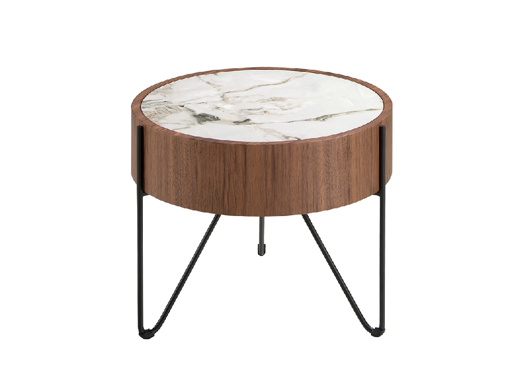 Round corner table in porcelain marble, walnut and black steel