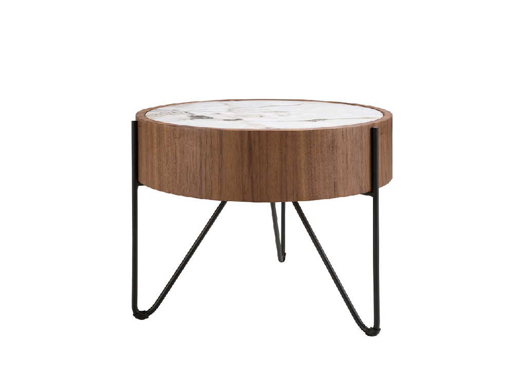 Round corner table in porcelain marble, walnut and black steel