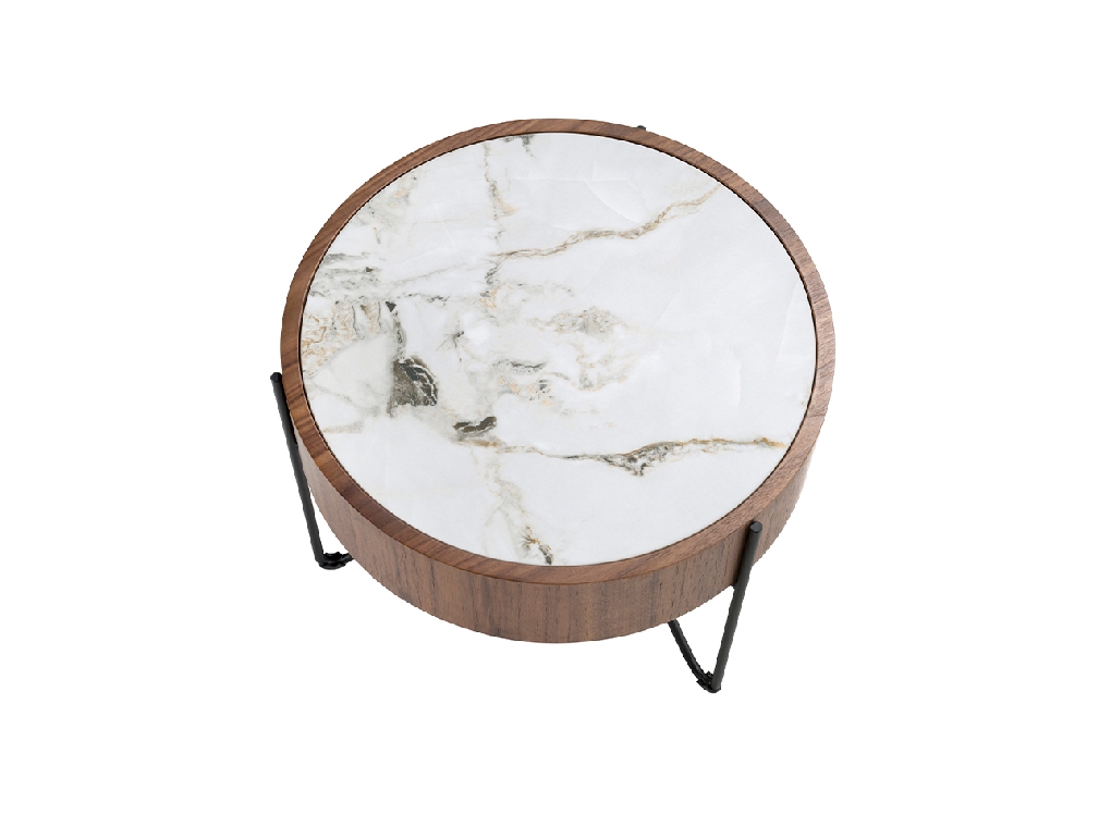 Round corner table in porcelain marble, walnut and black steel