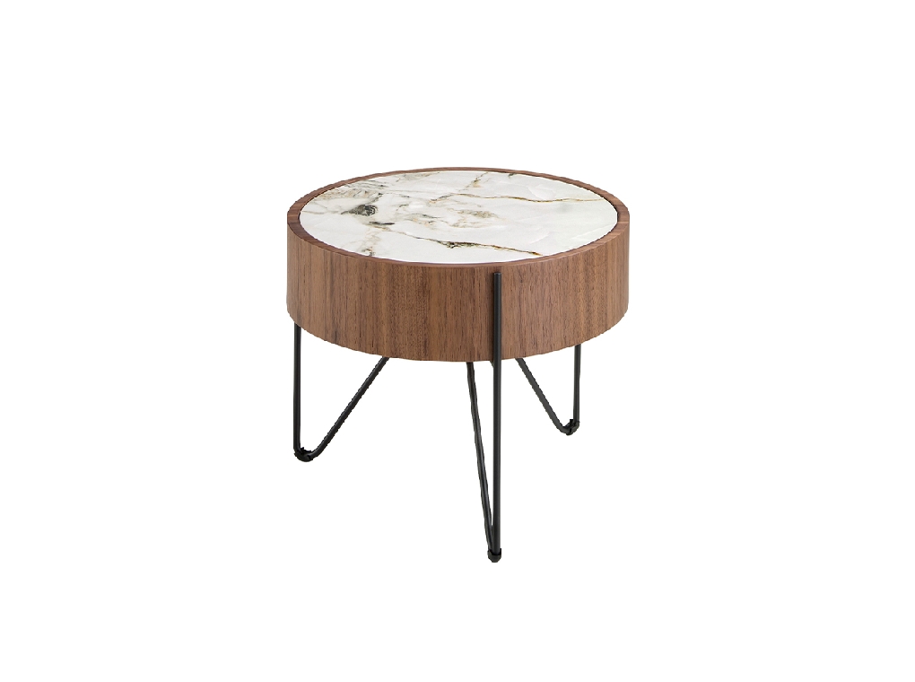 Round corner table in porcelain marble, walnut and black steel